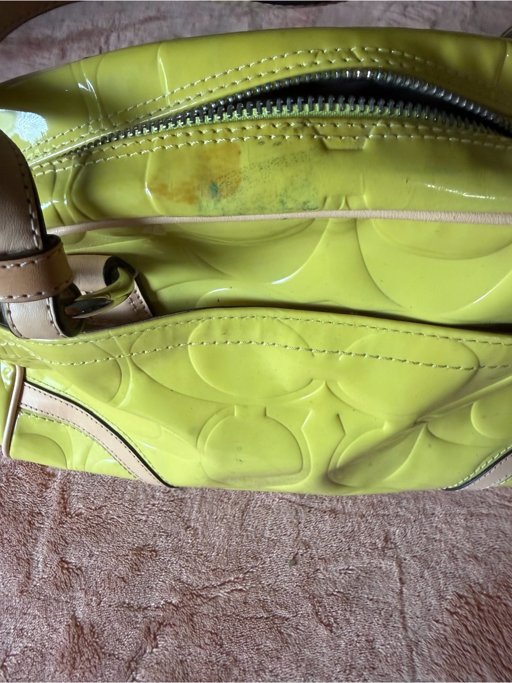 Coach Neon Yellow Patent Satchel with Beige Trim - Picture 5 of 8